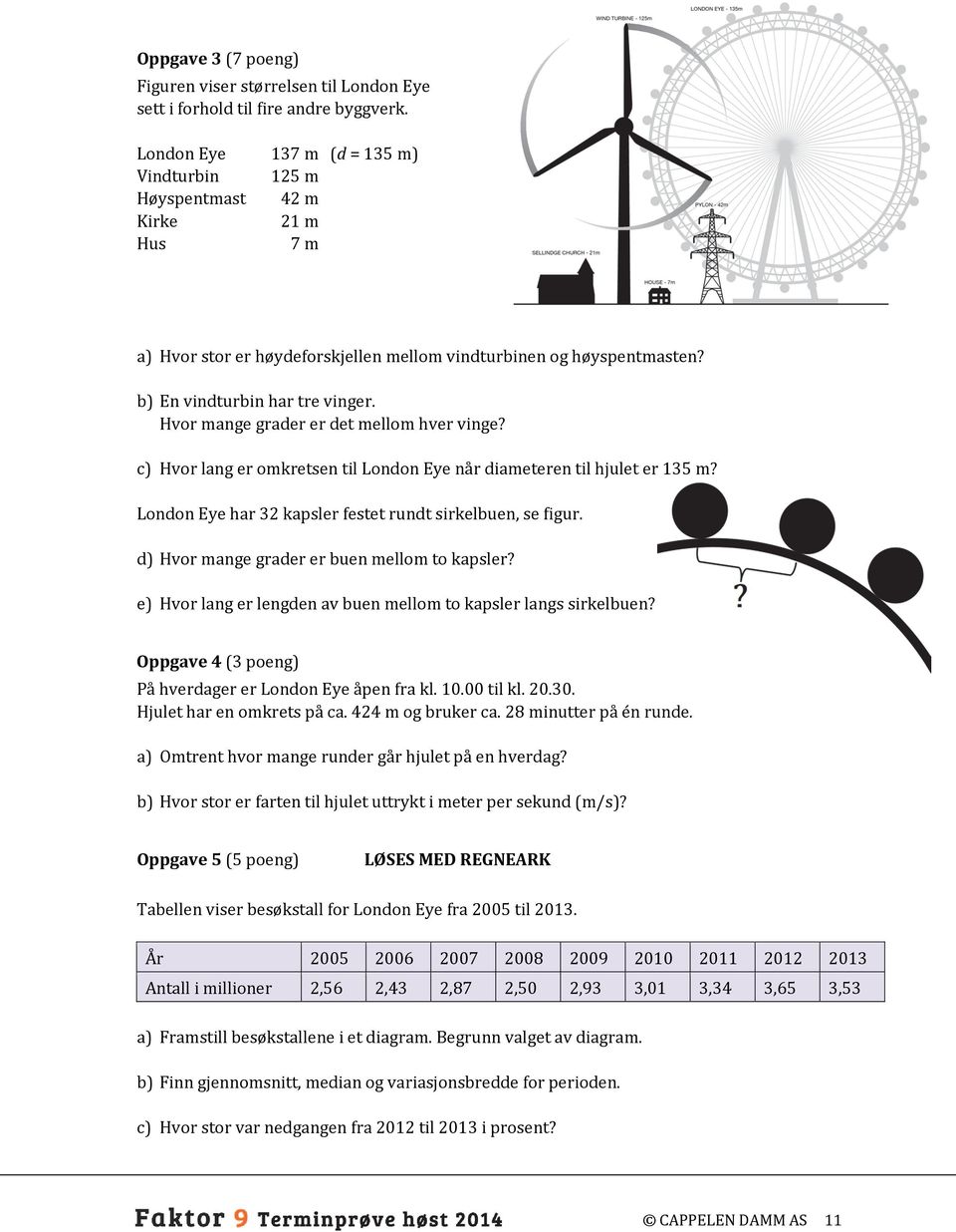 Hvor mange grader er det mellom hver vinge? c) Hvor lang er omkretsen til London Eye når diameteren til hjulet er 135 m? London Eye har 32 kapsler festet rundt sirkelbuen, se figur.