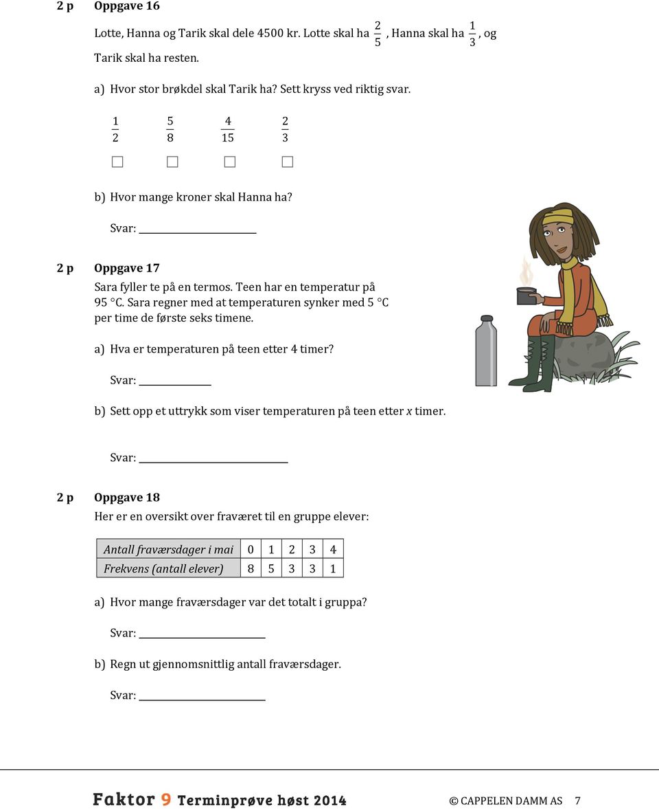 Sara regner med at temperaturen synker med 5 C per time de første seks timene. a) Hva er temperaturen på teen etter 4 timer? Svar: b) Sett opp et uttrykk som viser temperaturen på teen etter x timer.