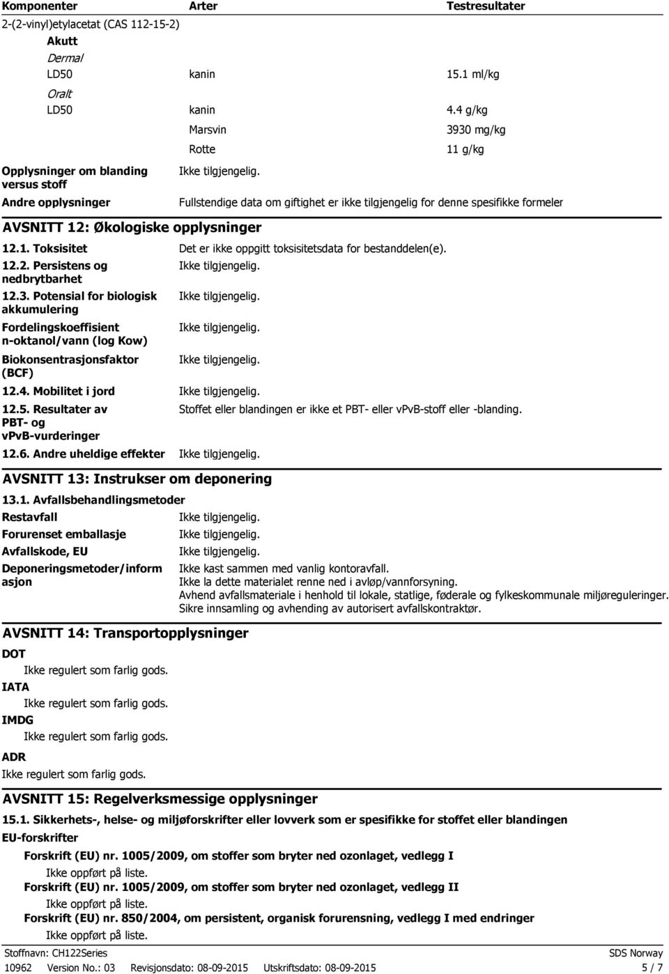 opplysninger 12.1. Toksisitet Det er ikke oppgitt toksisitetsdata for bestanddelen(e). 12.2. Persistens og nedbrytbarhet 12.3.