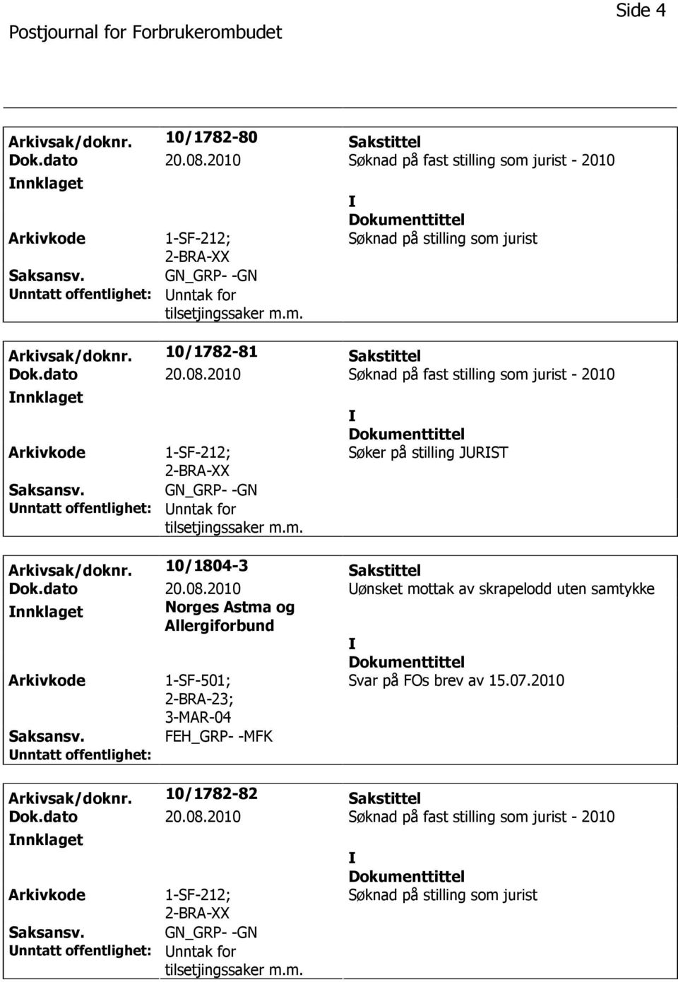 2010 Uønsket mottak av skrapelodd uten samtykke nnklaget Norges Astma og Allergiforbund Arkivkode 1-SF-501; 2-BRA-23;