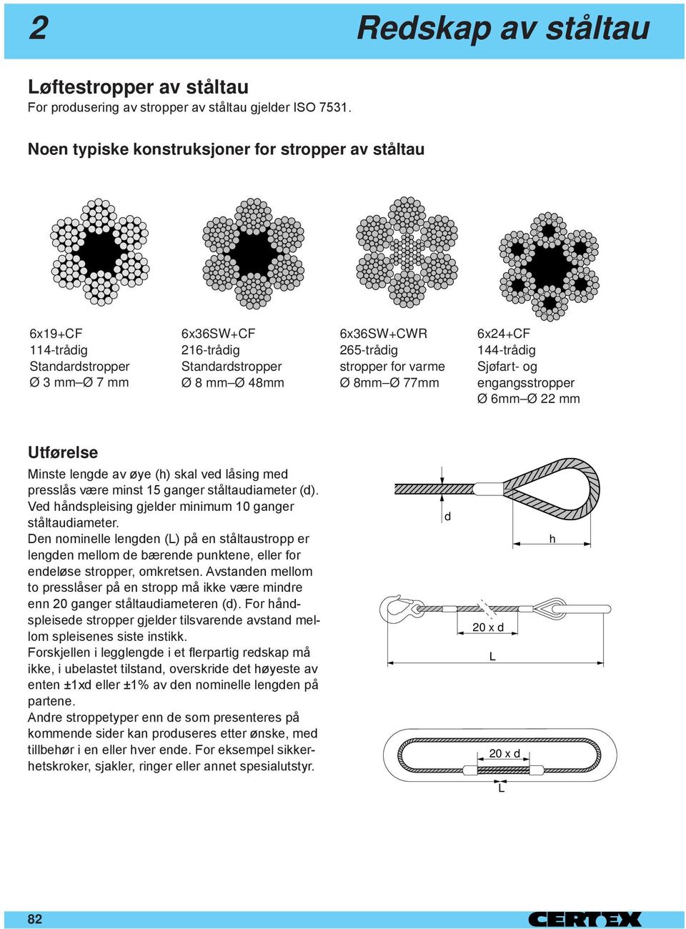 144-trådig Sjøfart- og engangsstropper Ø 6 Ø 22 Utførelse Minste lengde av ye (h) skal ved lœsing med presslœs v¾re minst 15 ganger stœltaudiameter (d).