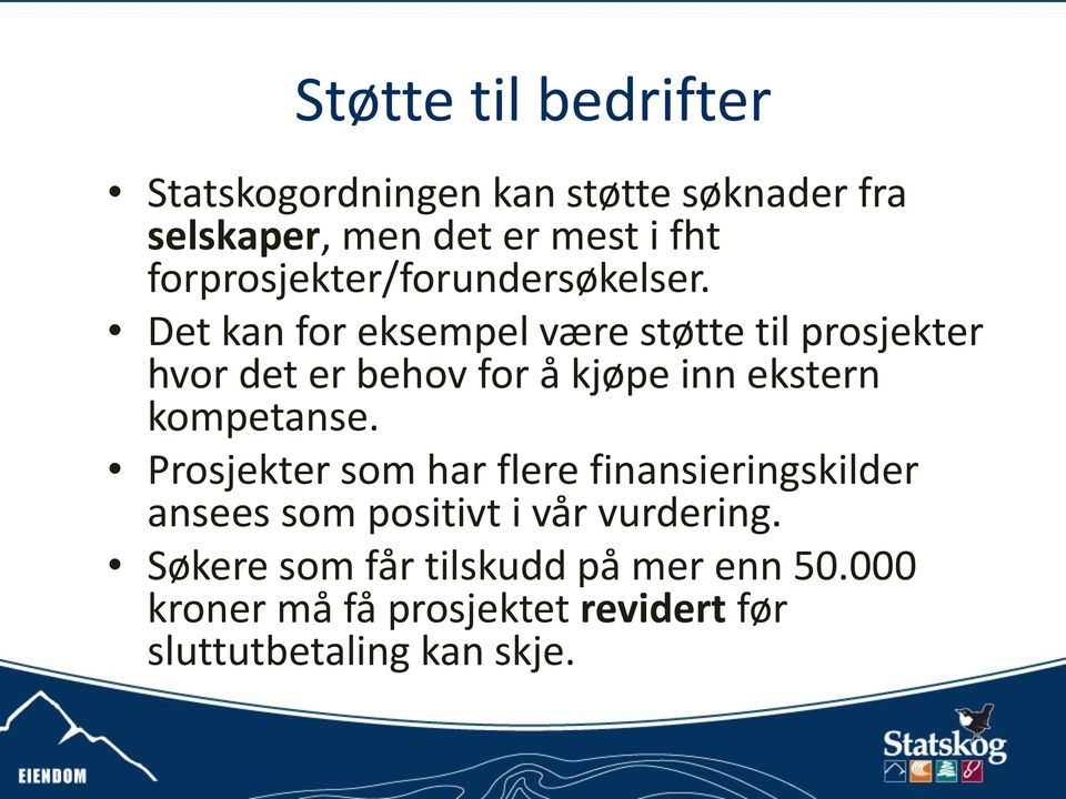 Det kan for eksempel være støtte til prosjekter hvor det er behov for å kjøpe inn ekstern kompetanse.