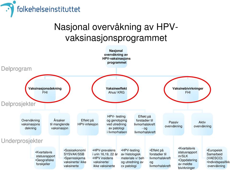 Effekt på HPV-infeksjon HPV- testing og genotyping ved utredning av patologi i livmorhalsen HPV-prevalens i urin 16,19, 22 år HPV insidens vaksinerte/ ikke vaksinerte Effekt på forstadier til