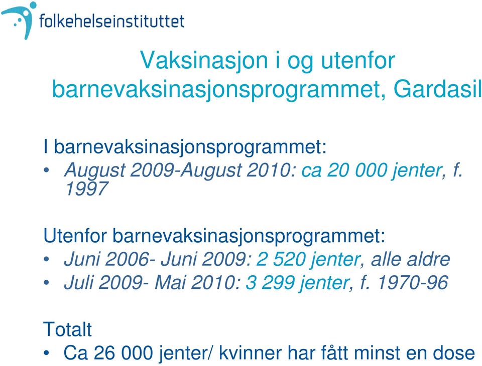 1997 Utenfor barnevaksinasjonsprogrammet: Juni 2006- Juni 2009: 2 520 jenter, alle