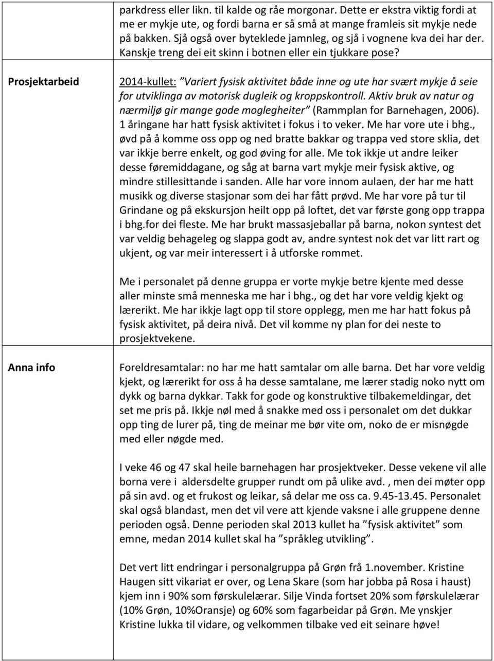 Prosjektarbeid 2014-kullet: Variert fysisk aktivitet både inne og ute har svært mykje å seie for utviklinga av motorisk dugleik og kroppskontroll.