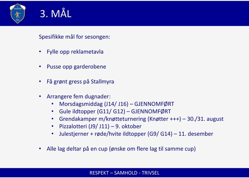 GJENNOMFØRT Grendakamper m/knøtteturnering (Knøtter +++) 30./31. august Pizzalotteri (J9/ J11) 9.