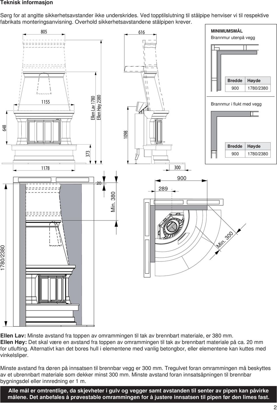 805 66 MINIMUMSMÅL Brannmur utenpå vegg Bredde Høyde 900 780/380 55 Ellen Lav 780 Ellen Høy 380 Brannmur i fl ukt med vegg 373 648 098 Bredde Høyde 900 780/380 78 300 0 Min. 380 89 900 780/380 Min.