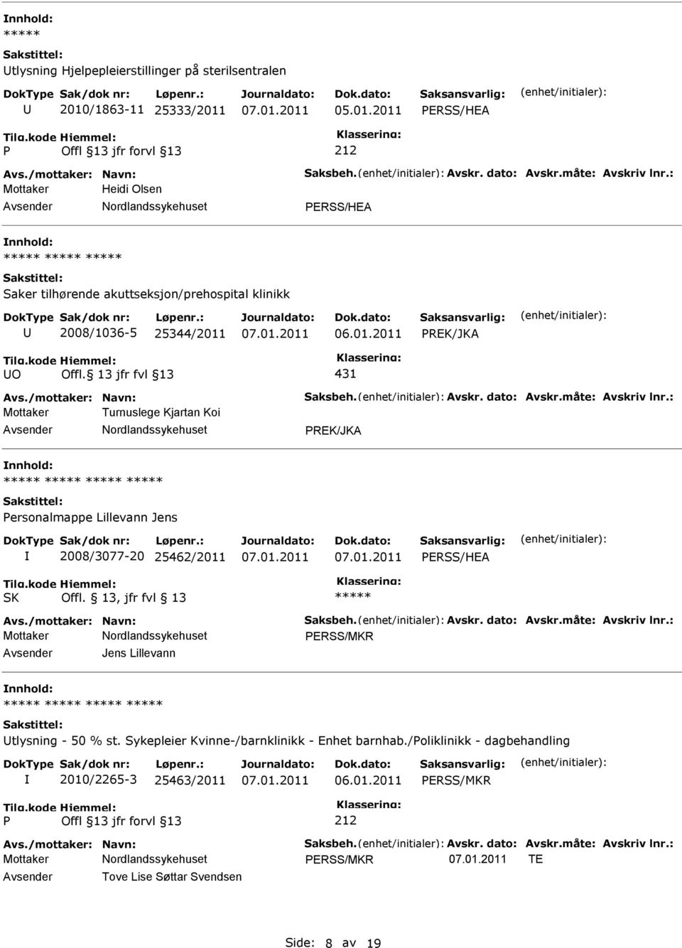 måte: Avskriv lnr.: Mottaker Turnuslege Kjartan Koi REK/JKA ersonalmappe Lillevann Jens 2008/3077-20 25462/2011 ERSS/HEA SK Offl. 13, jfr fvl 13 Avs./mottaker: Navn: Saksbeh. Avskr. dato: Avskr.