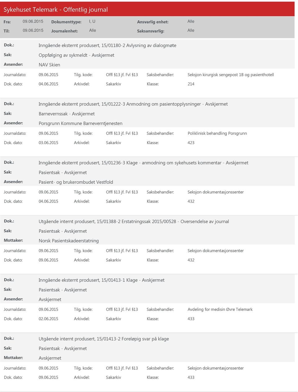 2015 Arkivdel: Sakarkiv Inngående eksternt produsert, 15/01236-3 Klage - anmodning om sykehusets kommentar - Pasientsak - Pasient- og brukerombudet Vestfold Utgående internt produsert, 15/01388-2