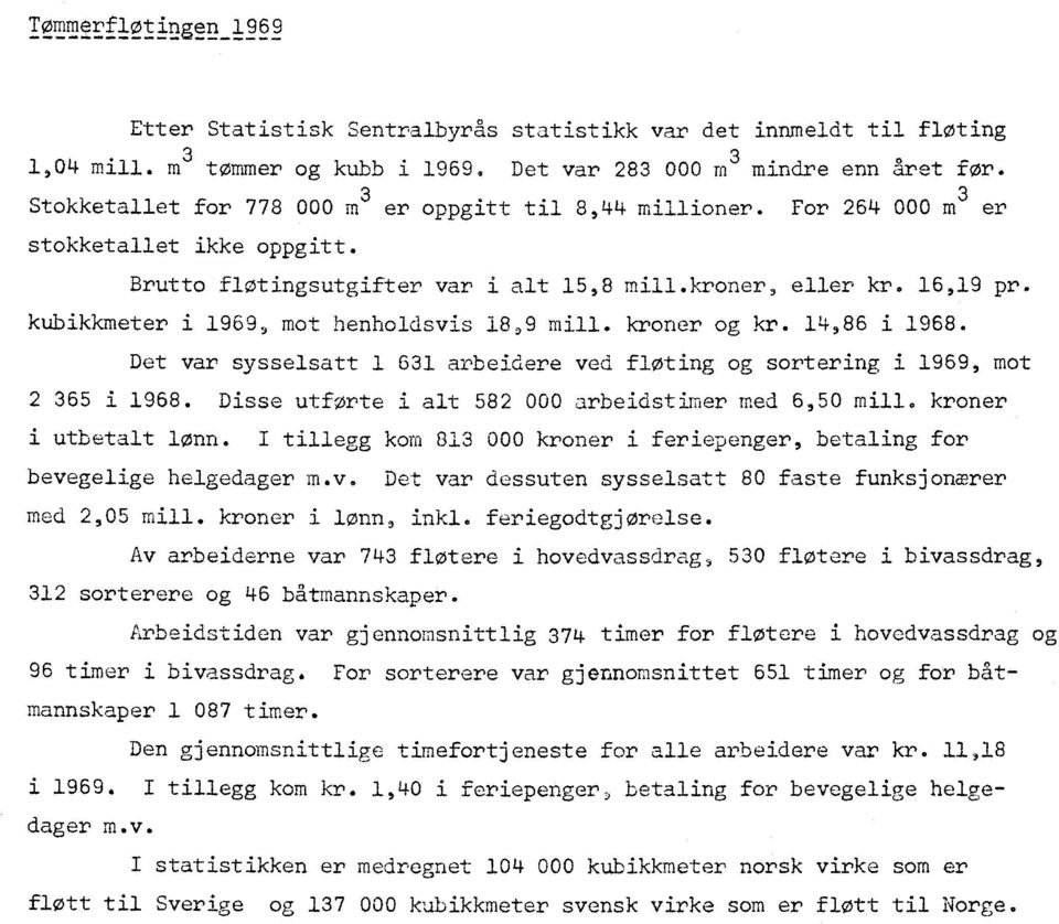 kubikkmeter i 1969, mot henholdsvis 18,9 mill. kroner og kr. 14,86 i 1968. Det var sysselsatt 1 631 arbeidere ved as/5 -ring og sortering i 1969, mot 2 365 i 1968.