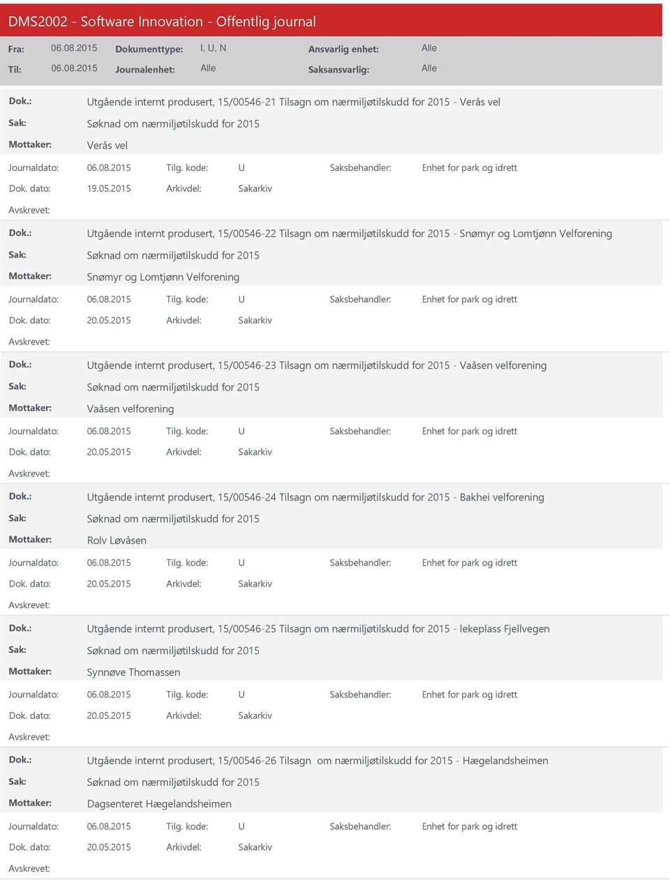 2015 tgående internt produsert, 15/00546-22 Tilsagn om nærmiljøtilskudd for 2015 - Snømyr og Lomtjønn Velforening Snømyr og Lomtjønn Velforening tgående internt produsert,