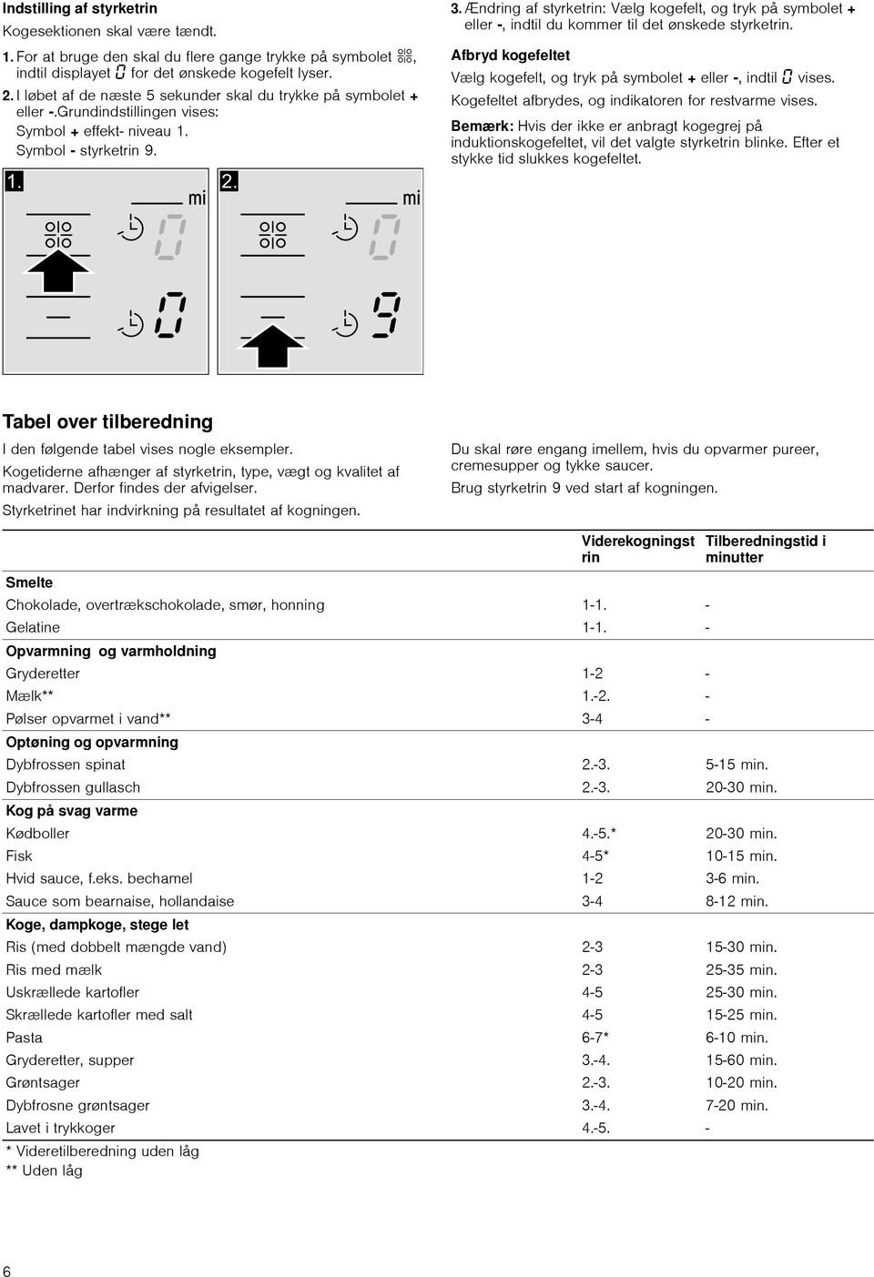 Ændring af styrketrin: Vælg kogefelt, og tryk på symbolet + eller, indtil du kommer til det ønskede styrketrin. Afbryd kogefeltet Vælg kogefelt, og tryk på symbolet + eller, indtil vises.