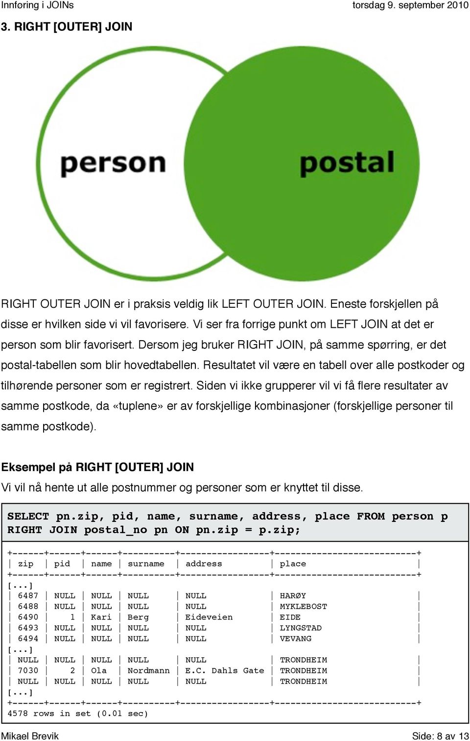 Resultatet vil være en tabell over alle postkoder og tilhørende personer som er registrert.