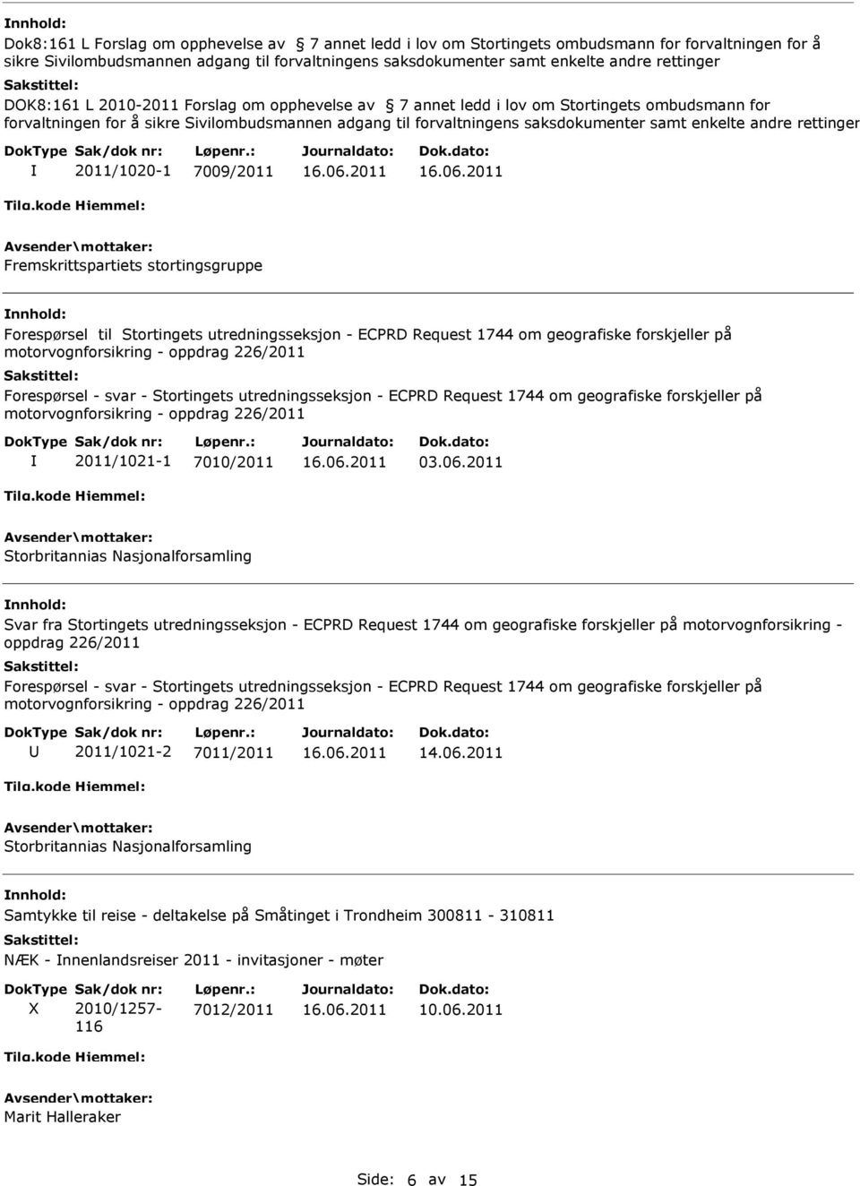 rettinger 2011/1020-1 7009/2011 Fremskrittspartiets stortingsgruppe Forespørsel til Stortingets utredningsseksjon - ECPRD Request 1744 om geografiske forskjeller på motorvognforsikring - oppdrag