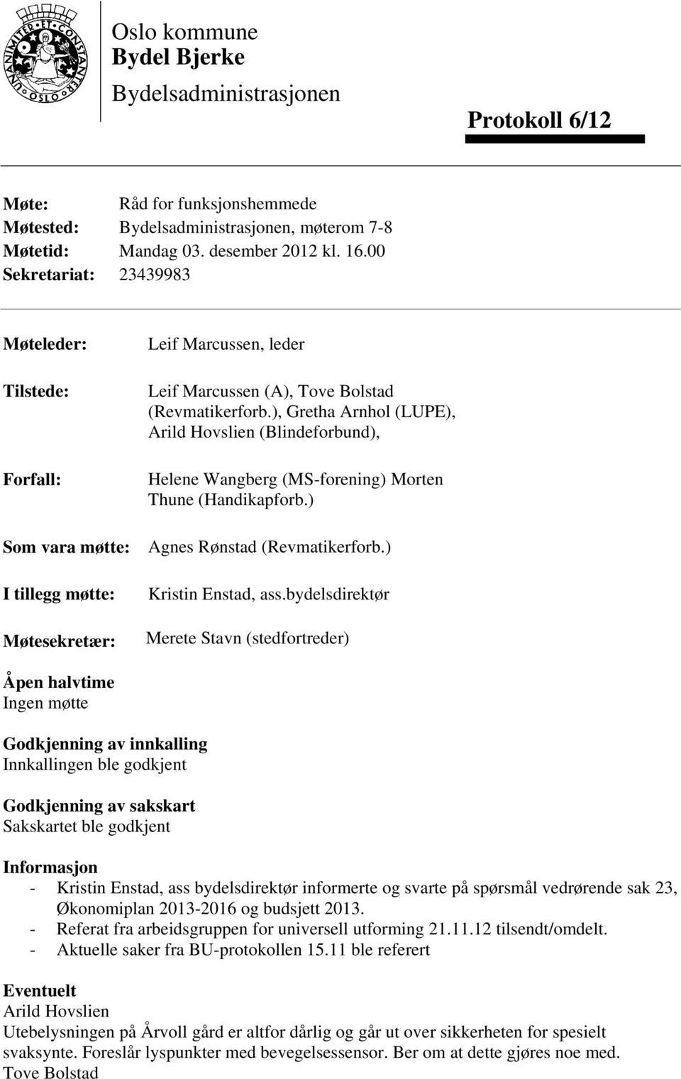 ), Gretha Arnhol (LUPE), Arild Hovslien (Blindeforbund), Helene Wangberg (MS-forening) Morten Thune (Handikapforb.) Agnes Rønstad (Revmatikerforb.) Kristin Enstad, ass.