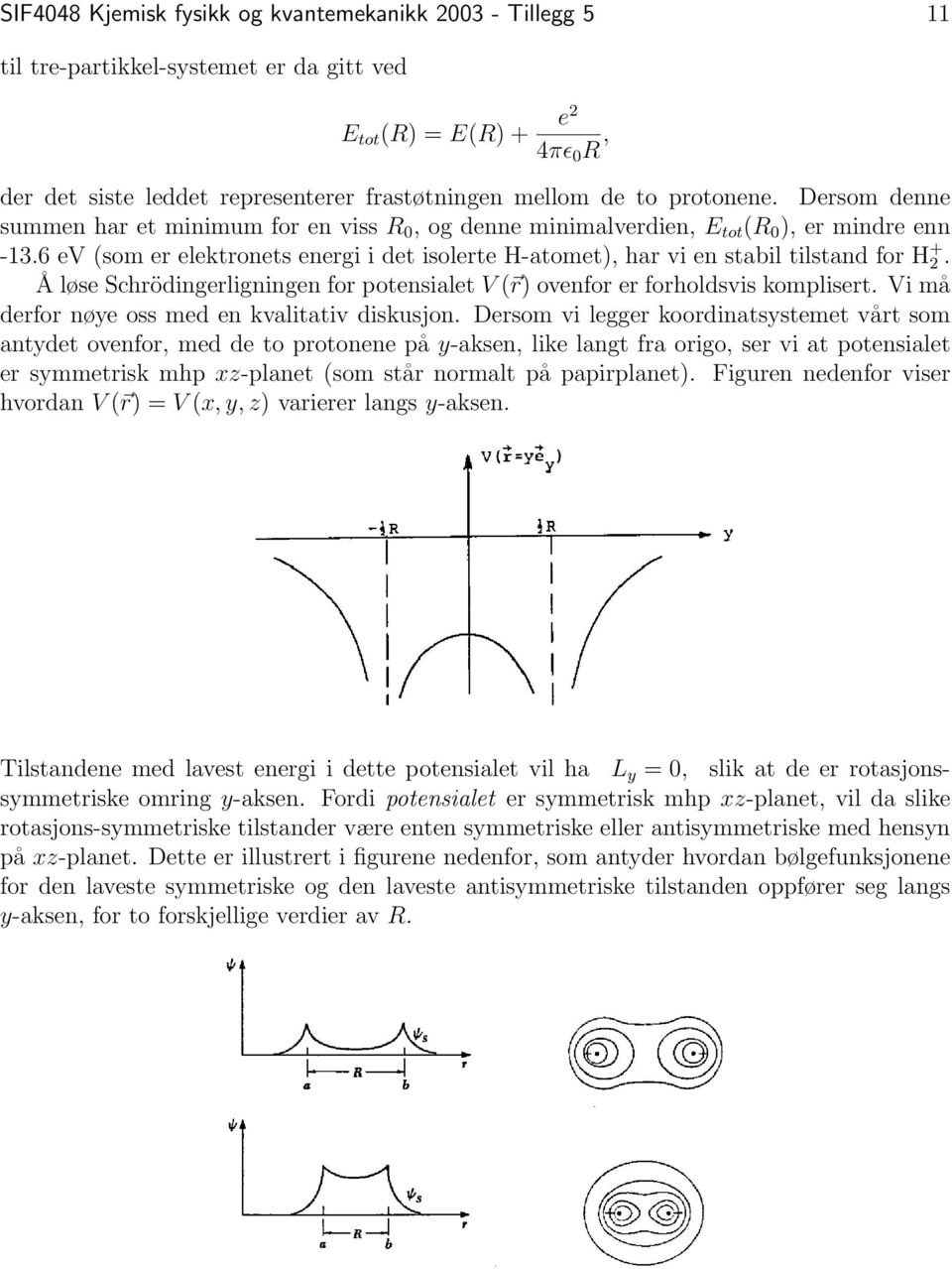 6 ev (som er elektronets energi i det isolerte H-atomet), har vi en stabil tilstand for H + 2. Å løse Schrödingerligningen for potensialet V ( r) ovenfor er forholdsvis komplisert.