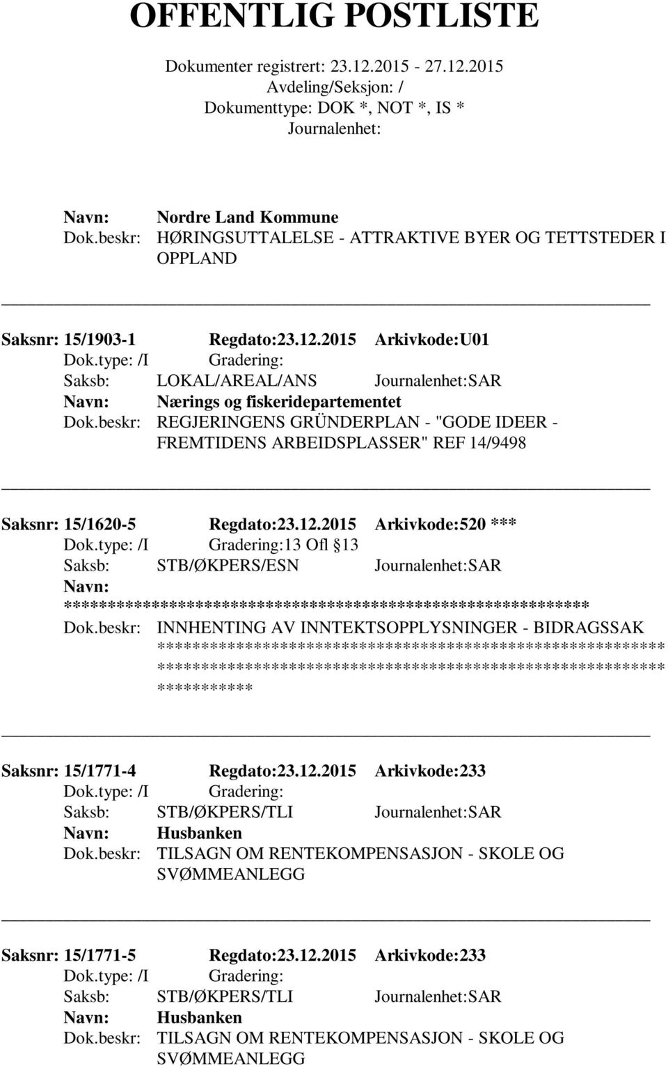 beskr: REGJERINGENS GRÜNDERPLAN - "GODE IDEER - FREMTIDENS ARBEIDSPLASSER" REF 14/9498 Saksnr: 15/1620-5 Regdato:23.12.2015 Arkivkode:520 *** 13 Ofl 13 Saksb: STB/ØKPERS/ESN SAR ** Dok.