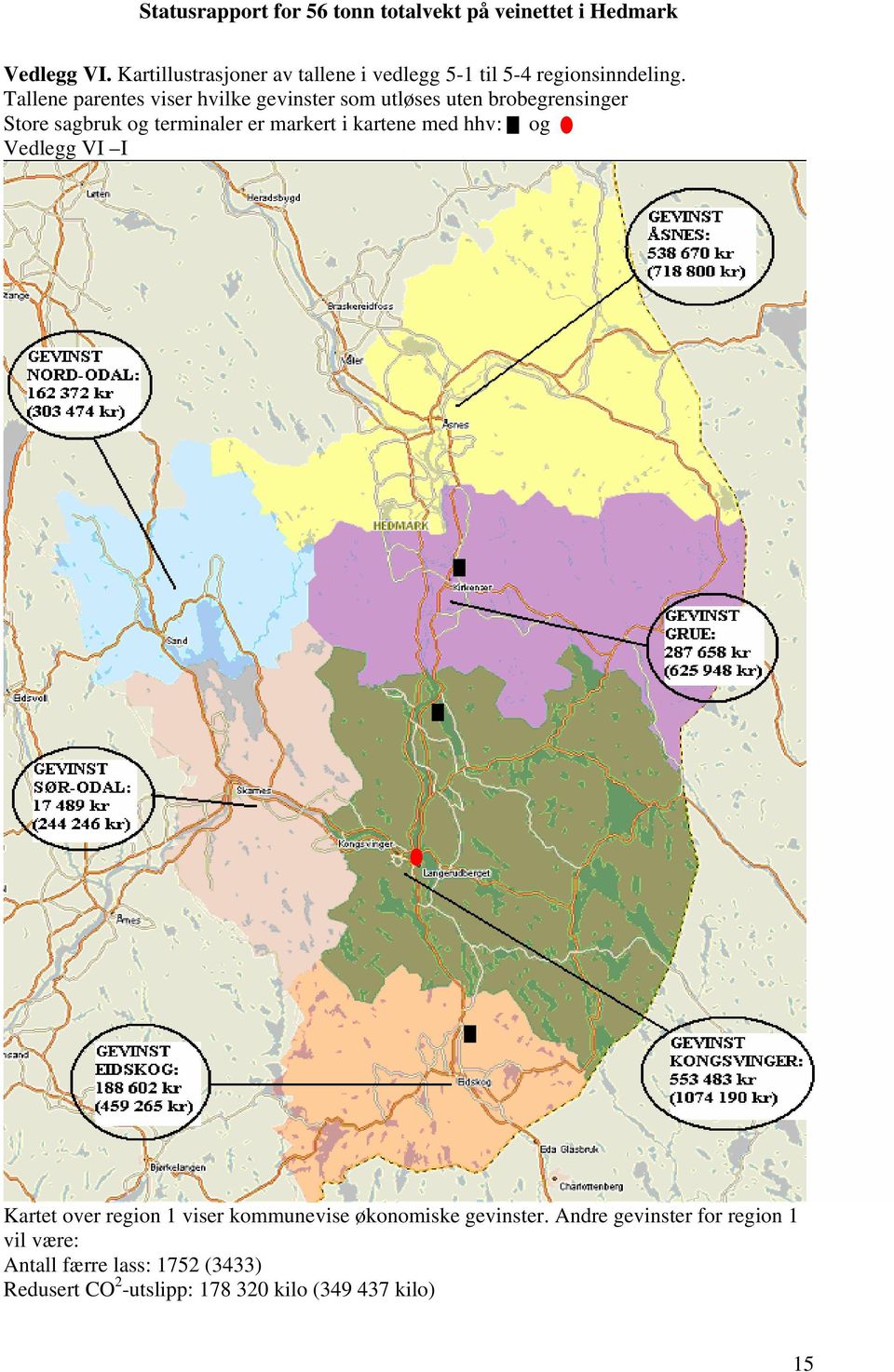 markert i kartene med hhv: og Vedlegg VI I Kartet over region 1 viser kommunevise økonomiske gevinster.