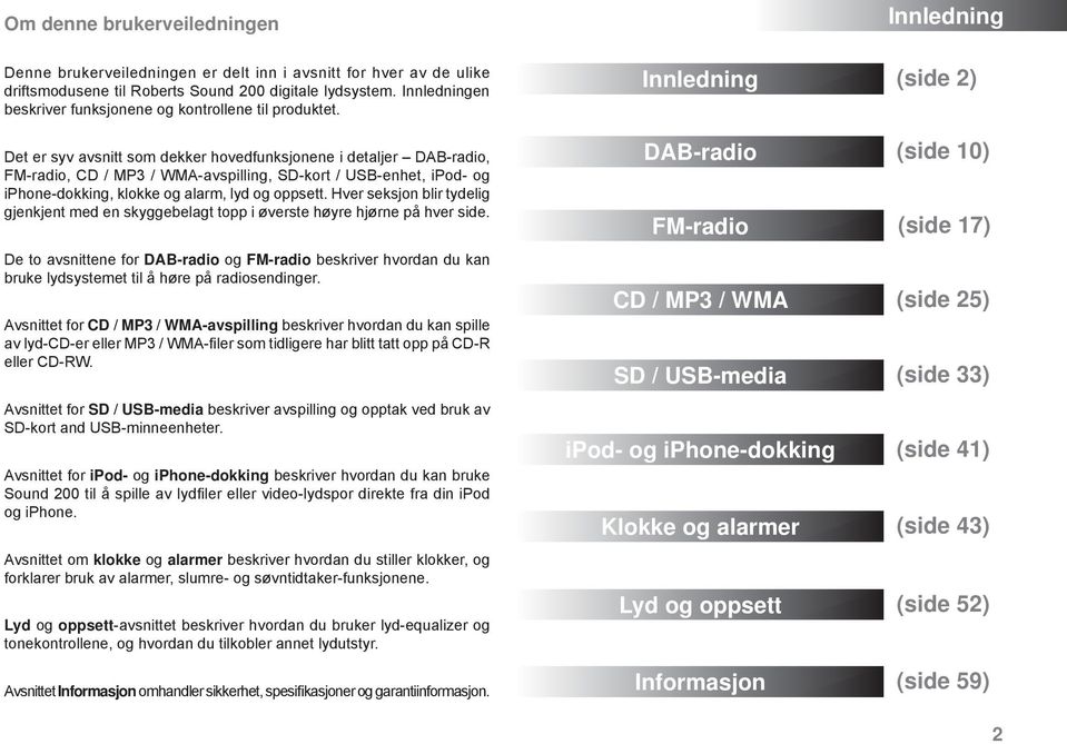 Det er syv avsnitt som dekker hovedfunksjonene i detaljer DAB-radio, FM-radio, CD / MP3 / WMA-avspilling, SD-kort / USB-enhet, ipod- og iphone-dokking, klokke og alarm, lyd og oppsett.