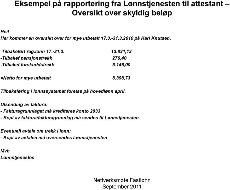 146,00 =Netto for mye utbetalt 8.398,73 Tilbakeføring i lønnssystemet foretas på hovedlønn april.