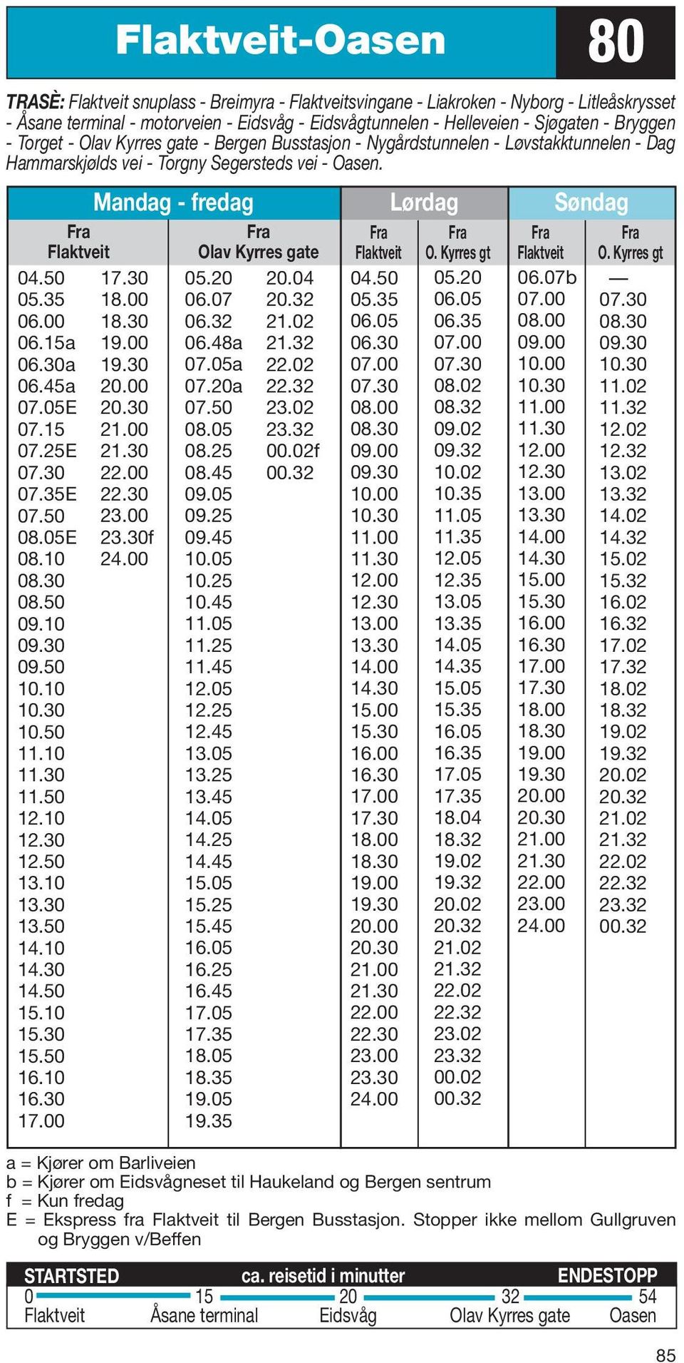 Mandag - fredag Lørdag Søndag Flaktveit Olav Kyrres gate Flaktveit O. Kyrres gt Flaktveit O. Kyrres gt 04.50 05.35 06.00 06.15a 06.30a 06.45a 07.05E 07.15 07.25E 07.30 07.35E 07.50 08.05E 08.10 08.