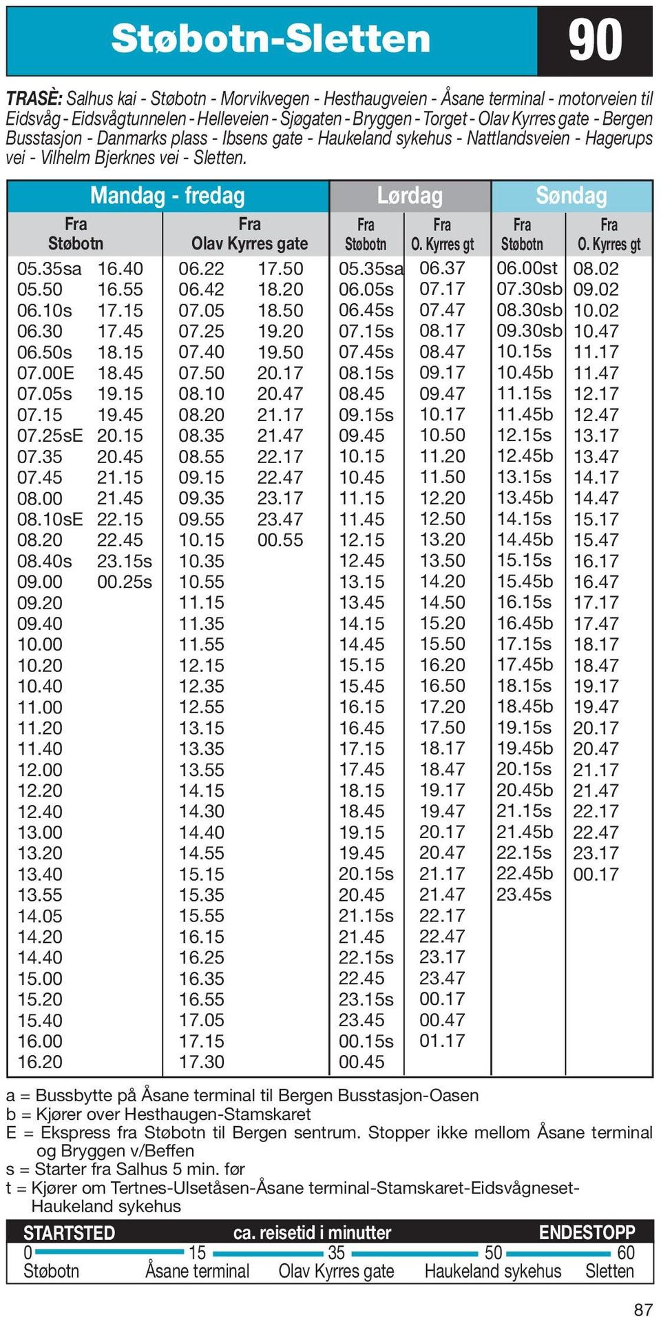 Mandag - fredag Lørdag Søndag Støbotn Olav Kyrres gate Støbotn O. Kyrres gt Støbotn O. Kyrres gt 05.35sa 05.50 06.10s 06.30 06.50s 07.00E 07.05s 07.15 07.25sE 07.35 07.45 08.00 08.10sE 08.20 08.