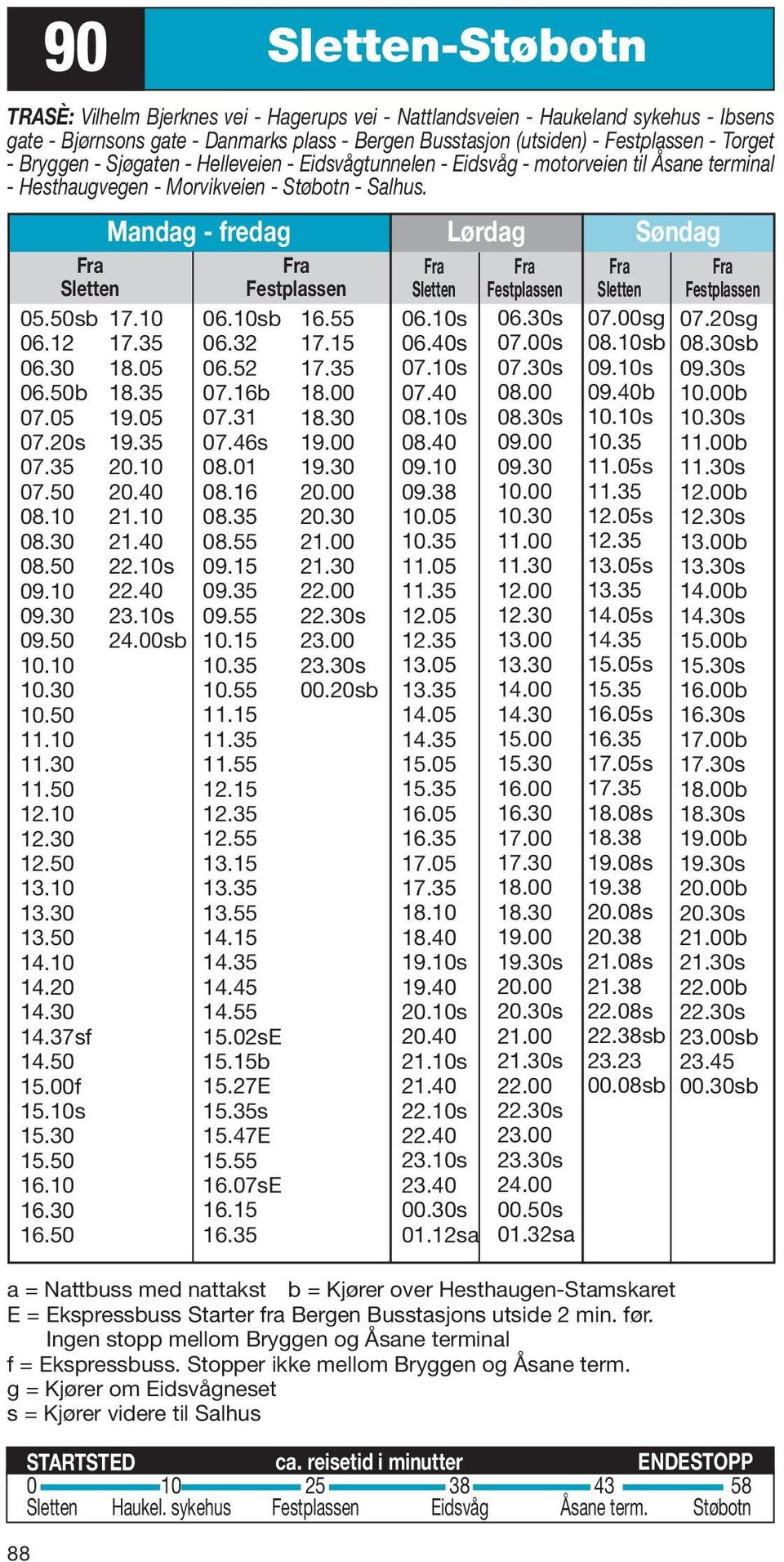 Mandag - fredag Lørdag Søndag Sletten Festplassen Sletten Festplassen Sletten Festplassen 05.50sb 06.12 06.30 06.50b 07.05 07.20s 07.35 07.50 08.10 08.30 08.50 09.30 09.50 10.10 10.30 10.50 11.10 11.