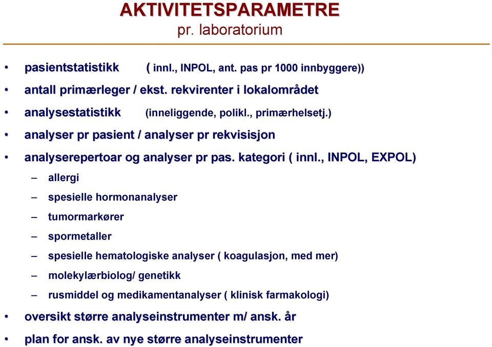 ) analyser pr pasient / analyser pr rekvisisjon analyserepertoar og analyser pr pas. kategori ( innl.