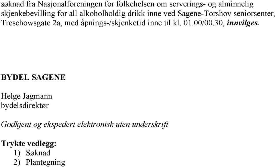 åpnings-/skjenketid inne til kl. 01.00/00.30, innvilges.