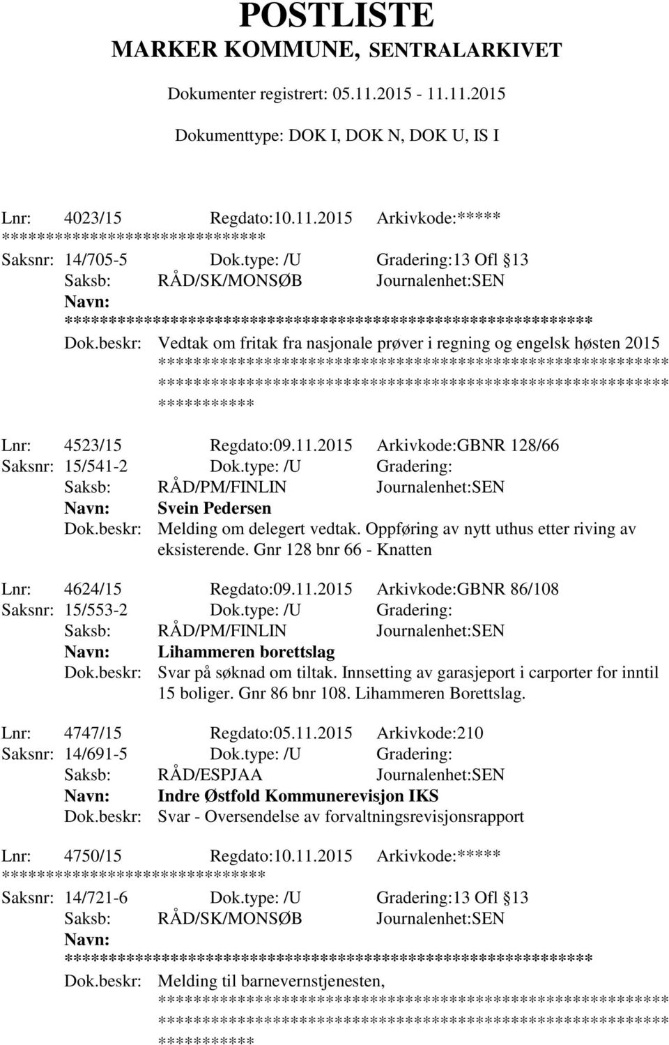 type: /U Gradering: Svein Pedersen Dok.beskr: Melding om delegert vedtak. Oppføring av nytt uthus etter riving av eksisterende. Gnr 128 bnr 66 - Knatten Lnr: 4624/15 Regdato:09.11.