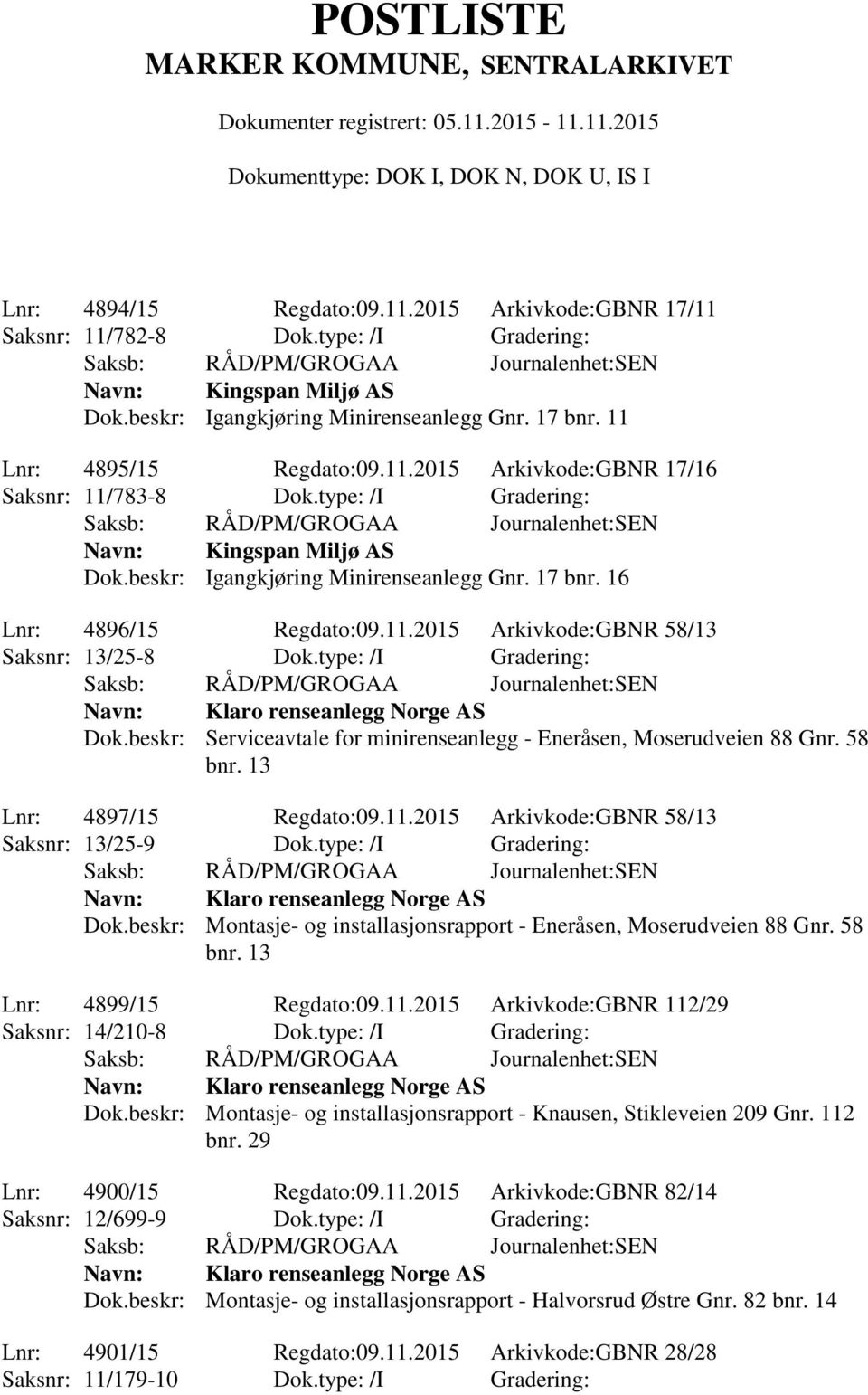 type: /I Gradering: Klaro renseanlegg Norge AS Dok.beskr: Serviceavtale for minirenseanlegg - Eneråsen, Moserudveien 88 Gnr. 58 bnr. 13 Lnr: 4897/15 Regdato:09.11.