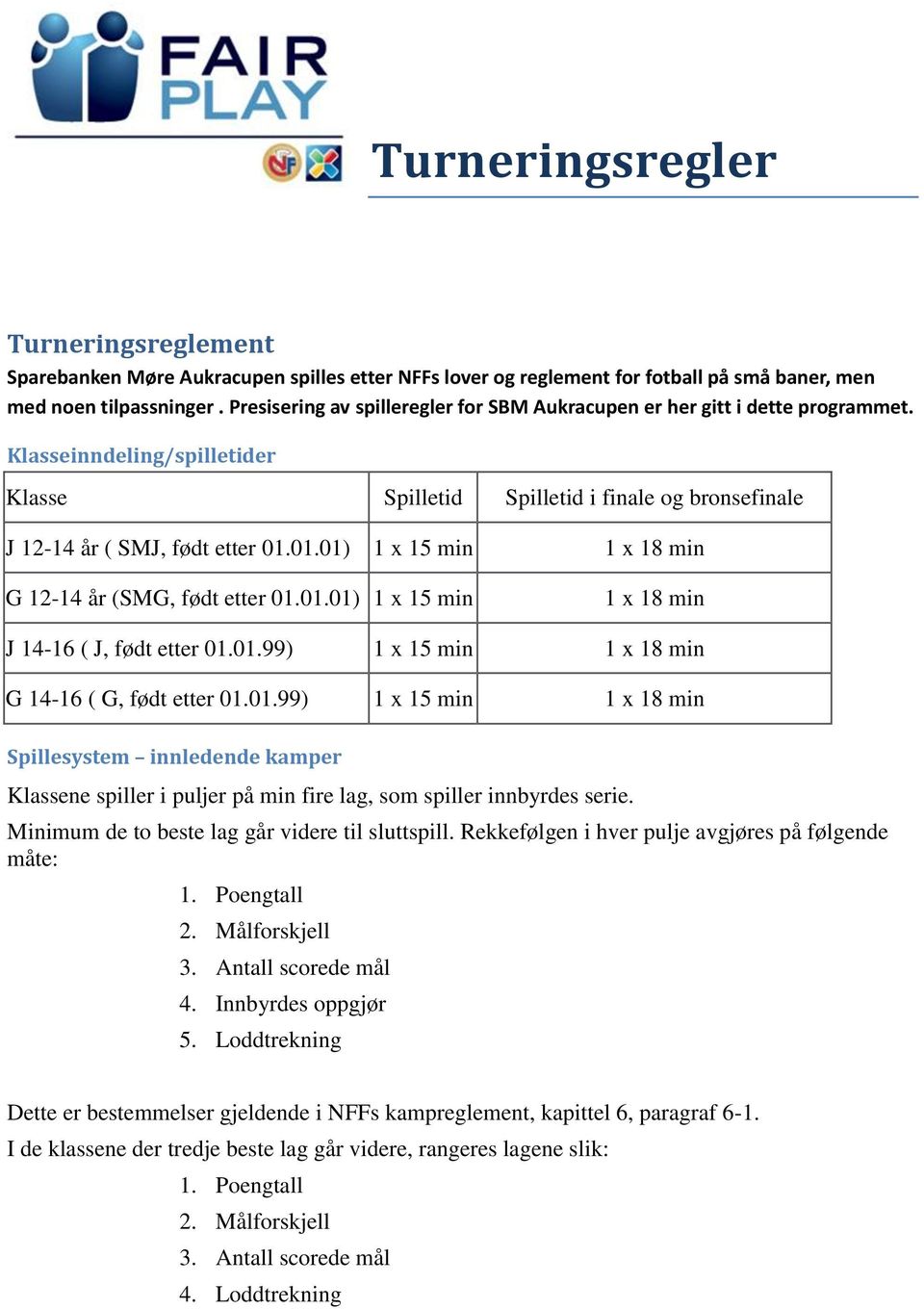 01.01) 1 x 15 min G 12-14 år (SMG, født etter 01.01.01) 1 x 15 min 1 x 18 min 1 x 18 min J 14-16 ( J, født etter 01.01.99) 1 x 15 min 1 x 18 min G 14-16 ( G, født etter 01.01.99) 1 x 15 min 1 x 18 min Spillesystem innledende kamper Klassene spiller i puljer på min fire lag, som spiller innbyrdes serie.