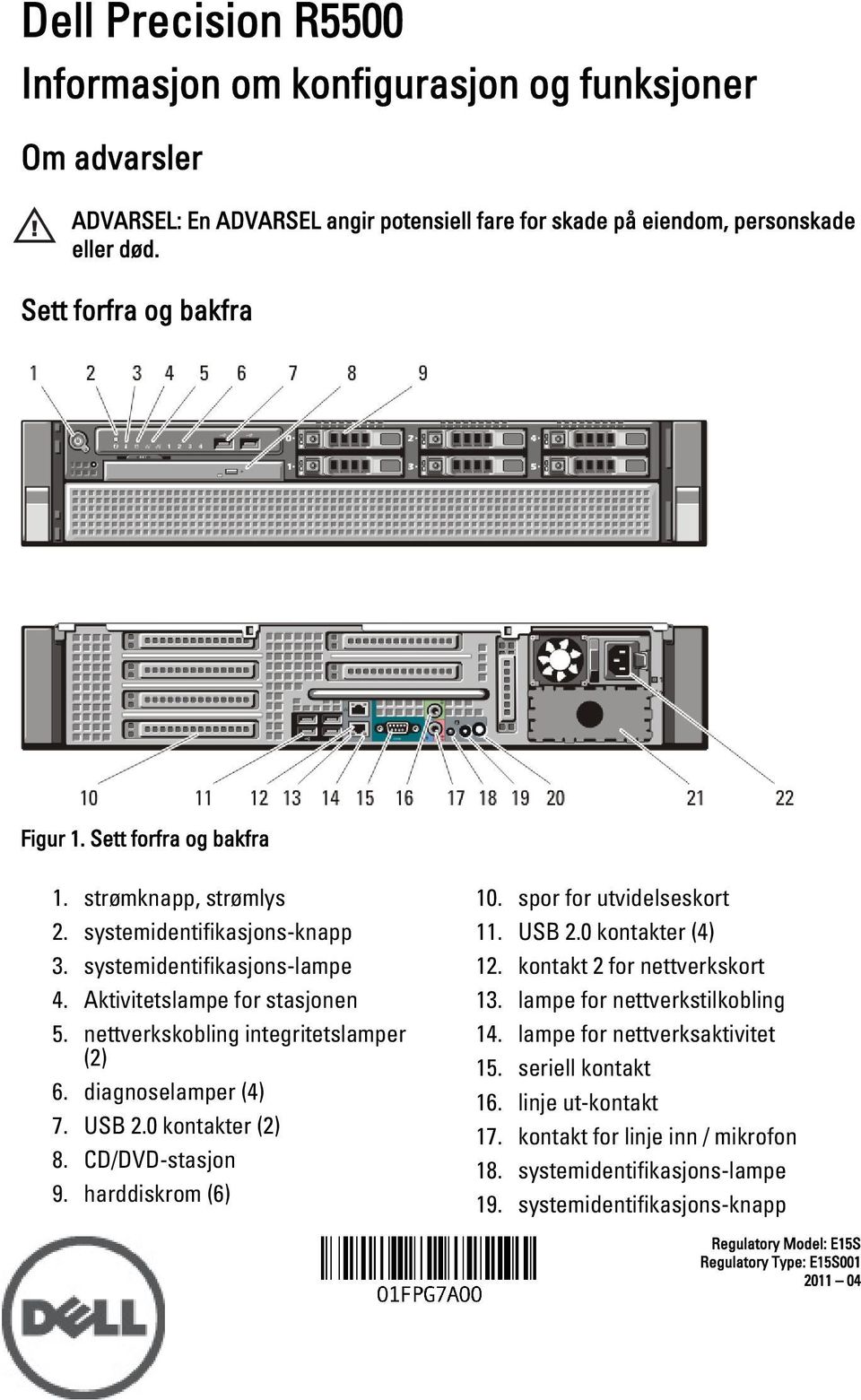 diagnoselamper (4) 7. USB 2.0 kontakter (2) 8. CD/DVD-stasjon 9. harddiskrom (6) 10. spor for utvidelseskort 11. USB 2.0 kontakter (4) 12. kontakt 2 for nettverkskort 13.