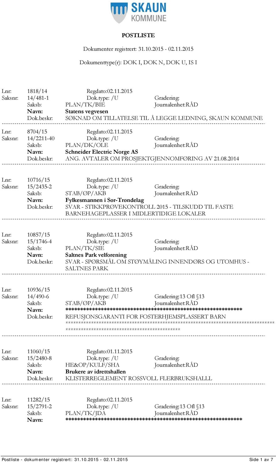 type: /U Gradering: Saksb: PLAN/DK/OLE Journalenhet:RÅD Schneider Electric Norge AS ANG. AVTALER OM PROSJEKTGJENNOMFØRING AV 21.08.2014 Lnr: 10716/15 Regdato:02.11.2015 Saksnr: 15/2435-2 Dok.