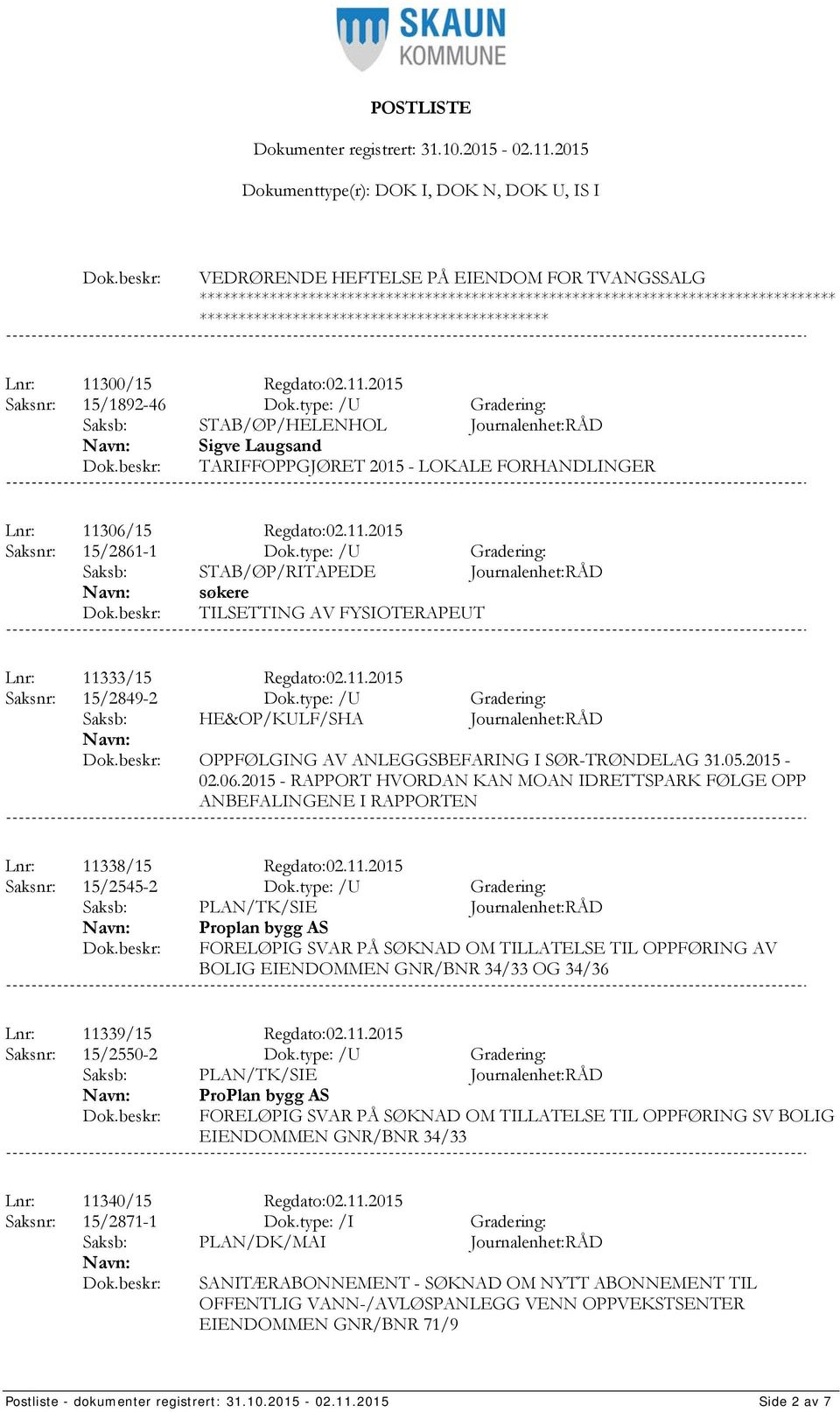 type: /U Gradering: Saksb: STAB/ØP/RITAPEDE Journalenhet:RÅD søkere TILSETTING AV FYSIOTERAPEUT Lnr: 11333/15 Regdato:02.11.2015 Saksnr: 15/2849-2 Dok.