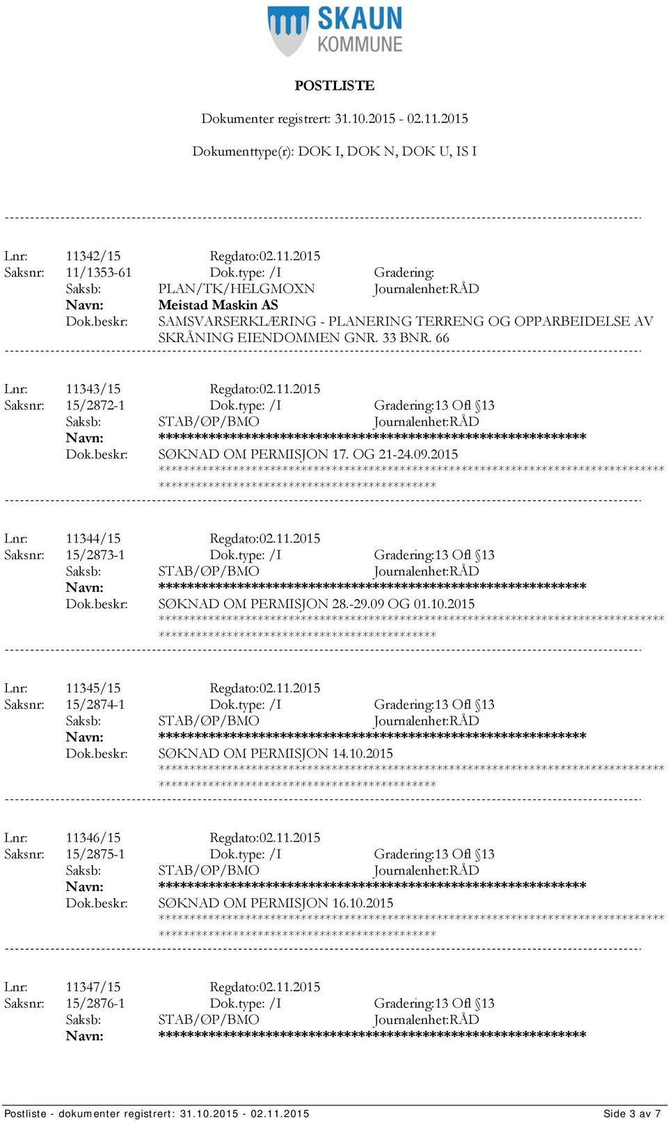 11.2015 Saksnr: 15/2872-1 Dok.type: /I Gradering:13 Ofl 13 *************** SØKNAD OM PERMISJON 17. OG 21-24.09.2015 Lnr: 11344/15 Regdato:02.11.2015 Saksnr: 15/2873-1 Dok.