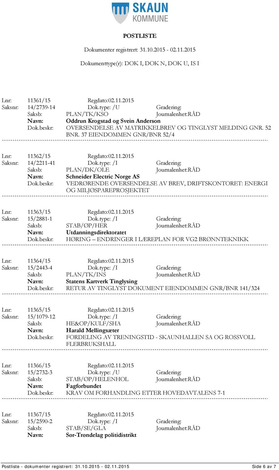 type: /I Gradering: Saksb: PLAN/DK/OLE Journalenhet:RÅD Schneider Electric Norge AS VEDRØRENDE OVERSENDELSE AV BREV, DRIFTSKONTORET: ENERGI OG MILJØSPAREPROSJEKTET Lnr: 11363/15 Regdato:02.11.2015 Saksnr: 15/2881-1 Dok.