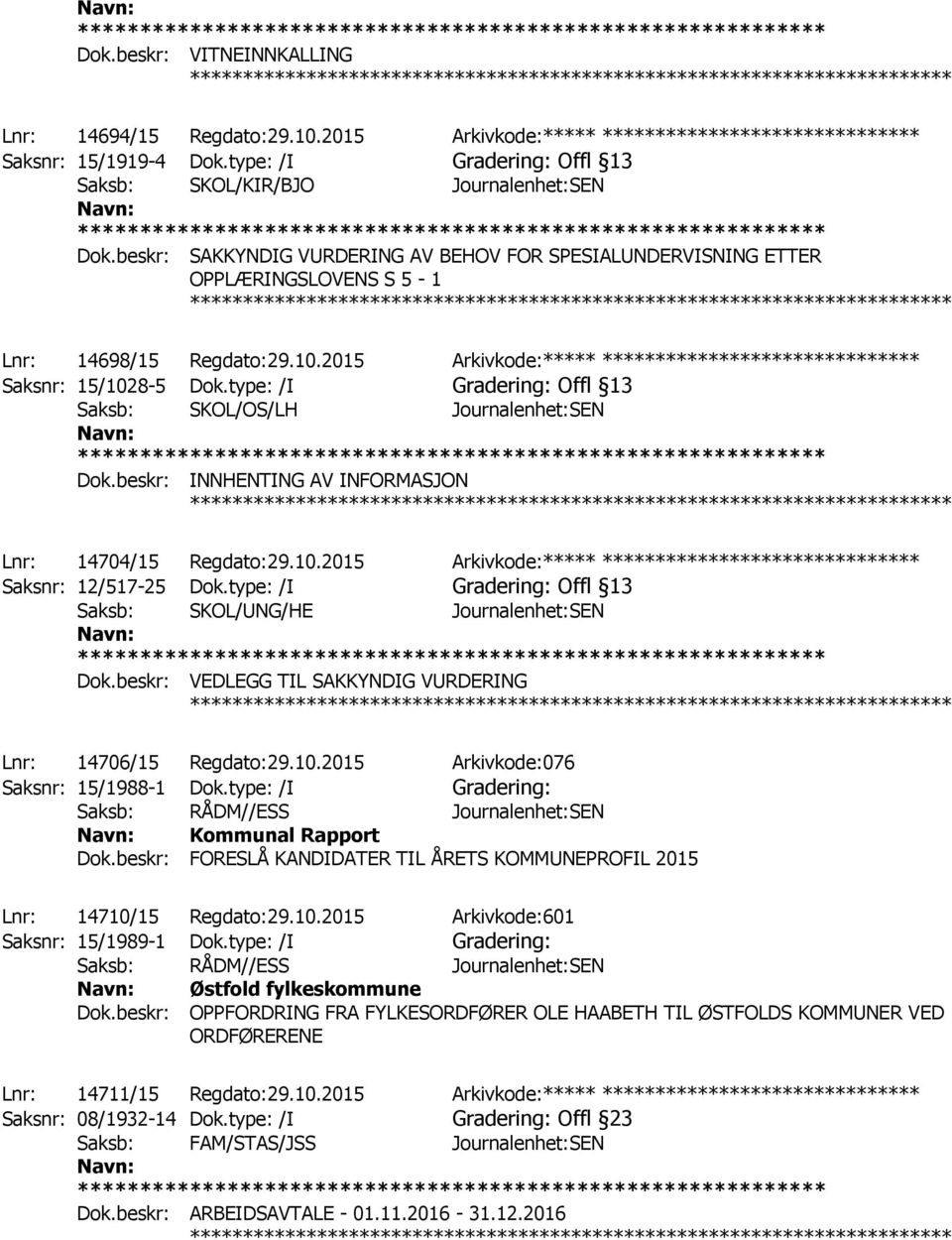 2015 Arkivkode:***** ****************************** Saksnr: 15/1028-5 Dok.type: /I Gradering: Offl 13 Saksb: SKOL/OS/LH Journalenhet:SEN Dok.