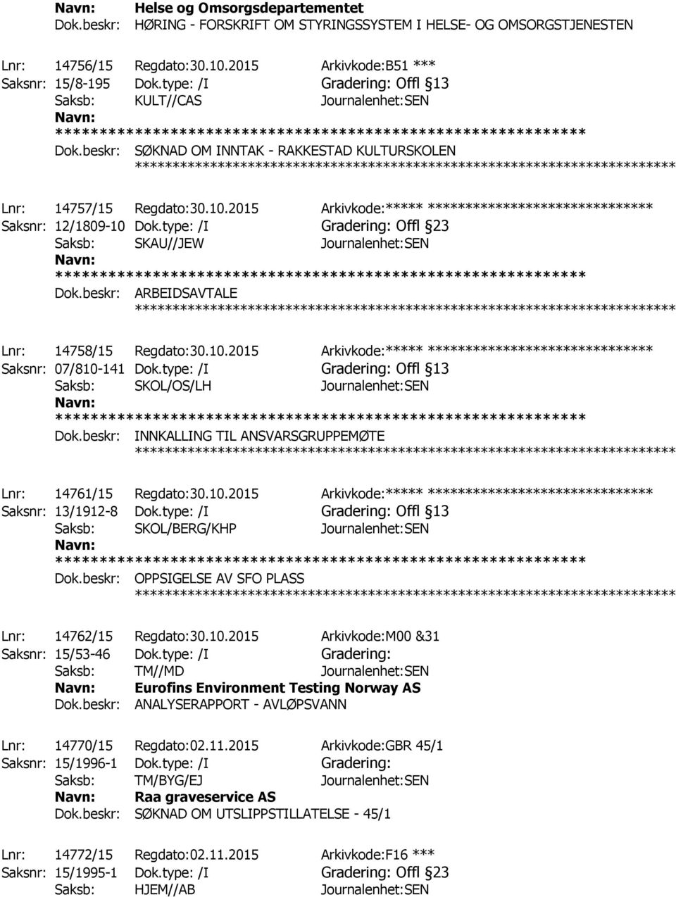 2015 Arkivkode:***** ****************************** Saksnr: 12/1809-10 Dok.type: /I Gradering: Offl 23 Saksb: SKAU//JEW Journalenhet:SEN Dok.beskr: ARBEIDSAVTALE ************ Lnr: 14758/15 Regdato:30.
