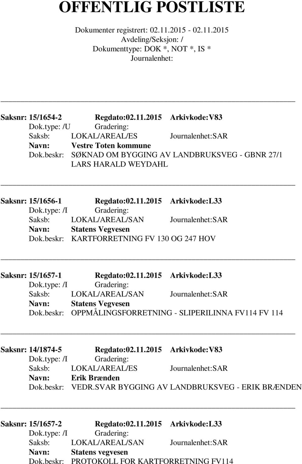 beskr: KARTFORRETNING FV 130 OG 247 HOV Saksnr: 15/1657-1 Regdato:02.11.2015 Arkivkode:L33 Saksb: LOKAL/AREAL/SAN SAR Statens Vegvesen Dok.