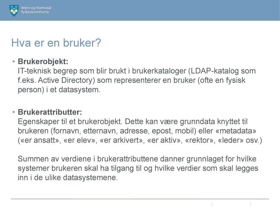 Dette kan være grunndata knyttet til brukeren (fornavn, etternavn, adresse, epost, mobil) eller «metadata» («er ansatt», «er elev», «er arkivert»,