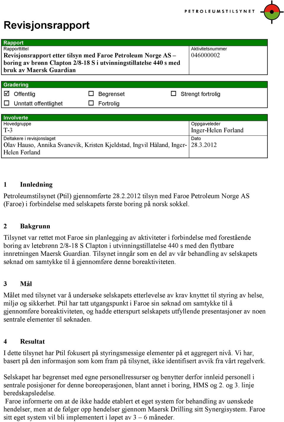 Hauso, Annika Svanevik, Kristen Kjeldstad, Ingvil Håland, Inger- Helen Førland Dato 28.3.2012 1 Innledning Petroleumstilsynet (Ptil) gjennomførte 28.2.2012 tilsyn med Faroe Petroleum Norge AS (Faroe) i forbindelse med selskapets første boring på norsk sokkel.