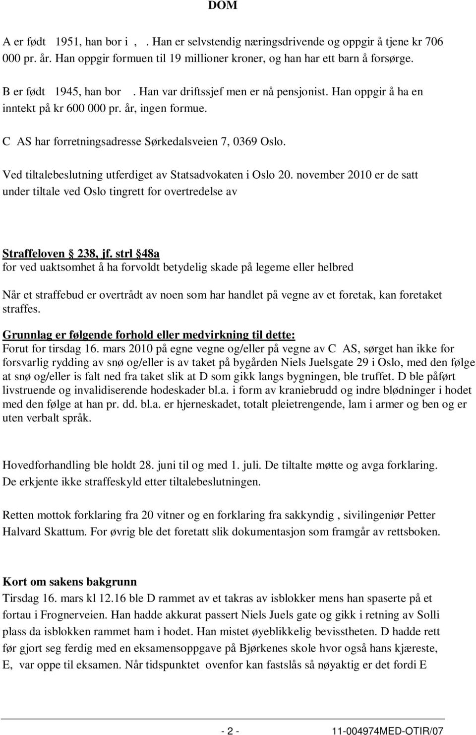 Ved tiltalebeslutning utferdiget av Statsadvokaten i Oslo 20. november 2010 er de satt under tiltale ved Oslo tingrett for overtredelse av Straffeloven 238, jf.