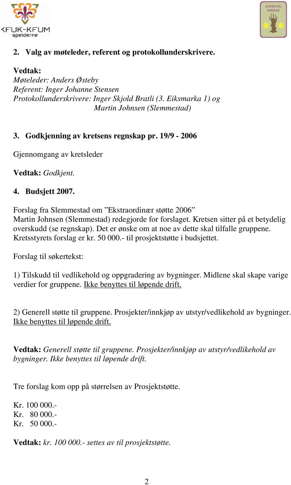 Forslag fra Slemmestad om Ekstraordinær støtte 2006 Martin Johnsen (Slemmestad) redegjorde for forslaget. Kretsen sitter på et betydelig overskudd (se regnskap).