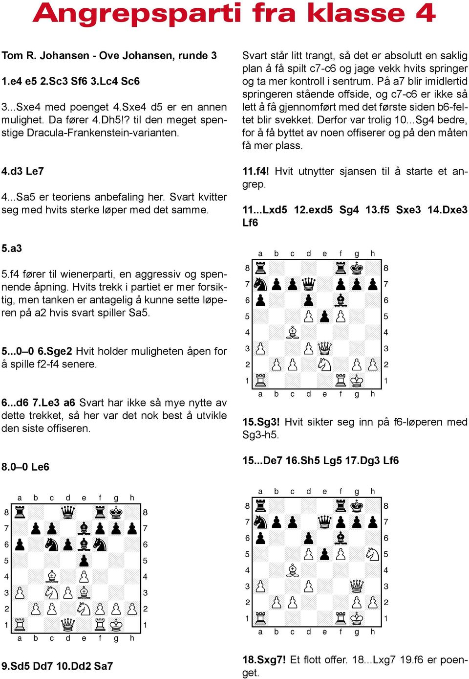 f4 fører til wienerparti, en aggressiv og spennende åpning. Hvits trekk i partiet er mer forsiktig, men tanken er antagelig å kunne sette løperen på a2 hvis svart spiller Sa5. 5...0 0 6.