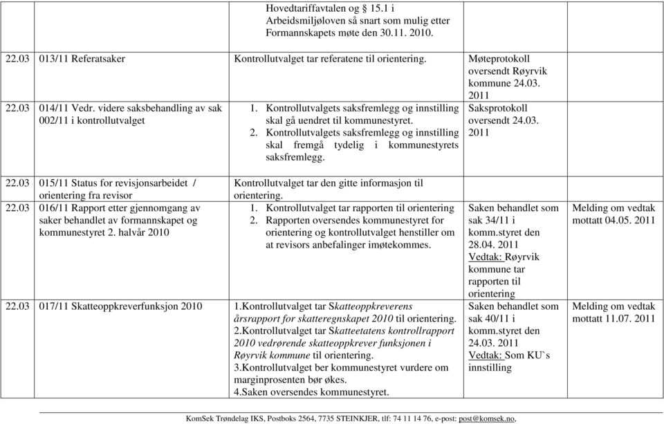 Kontrollutvalgets saksfremlegg og innstilling skal gå uendret til kommunestyret. 2. Kontrollutvalgets saksfremlegg og innstilling skal fremgå tydelig i kommunestyrets saksfremlegg.