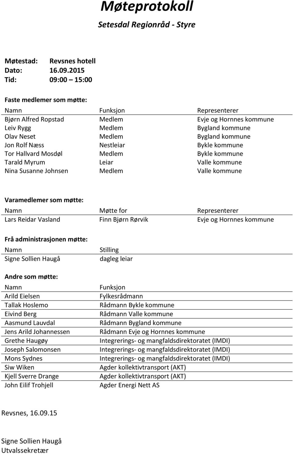 Rolf Næss Nestleiar Bykle kommune Tor Hallvard Mosdøl Medlem Bykle kommune Tarald Myrum Leiar Valle kommune Nina Susanne Johnsen Medlem Valle kommune Varamedlemer som møtte: Namn Møtte for