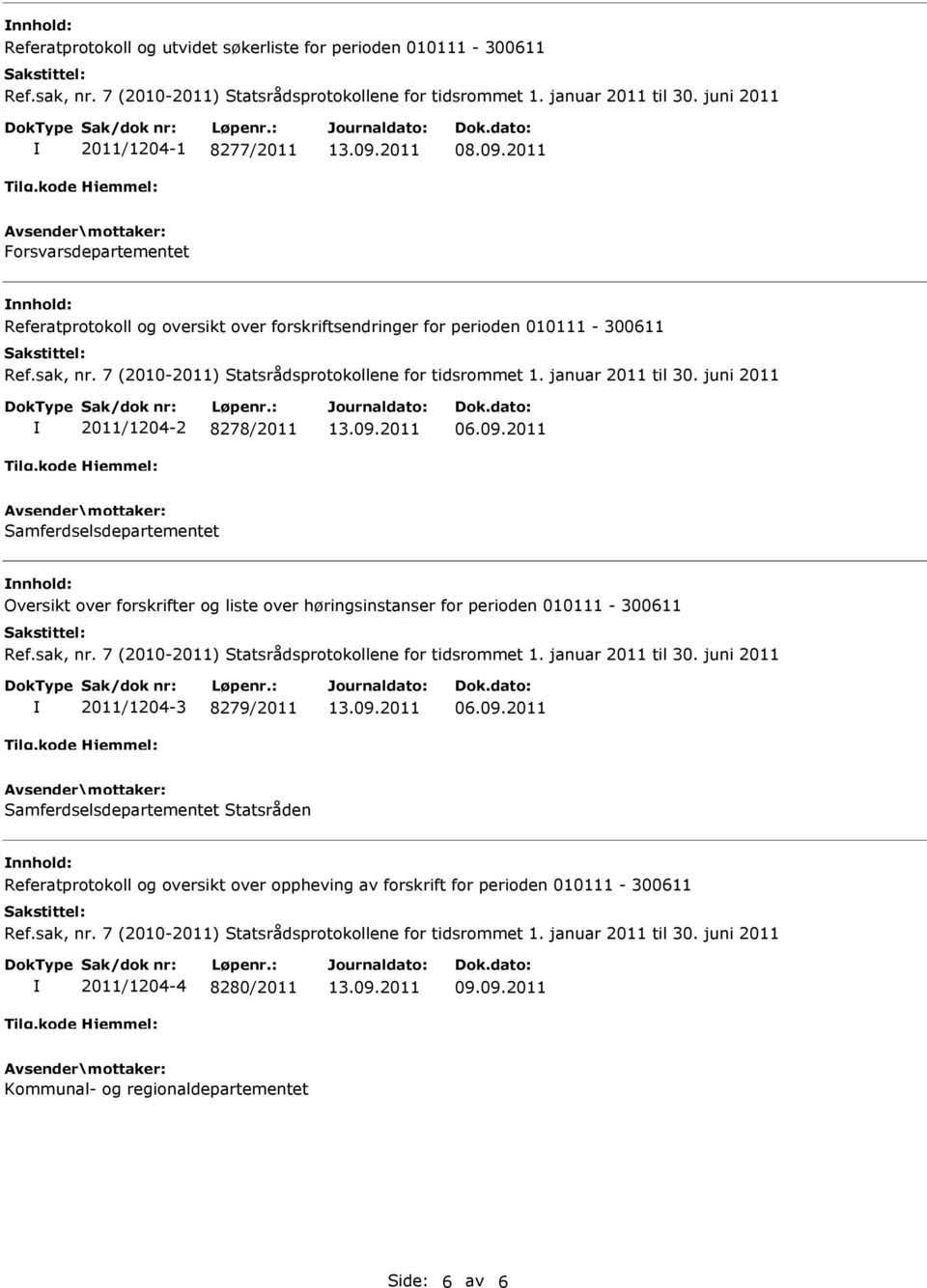 2011 Samferdselsdepartementet Oversikt over forskrifter og liste over høringsinstanser for perioden 010111-300611 2011/1204-3 8279/2011 06.09.