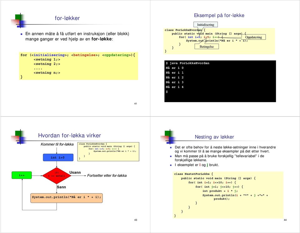 Nå er i 3 Nå er i 4 41 Hvordan for-løkka virker Kommer til for-løkka int i=0 class ForLokkeHvordan { for( int i=0; i<5; i++) { Systemoutprintln("Nå er i " + i); Nesting av løkker Det er ofte behov