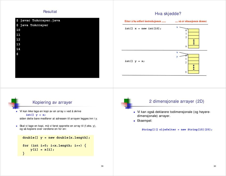 adressen til arrayen legges inn i y Skal vi lage en kopi, må vi først opprette en array til (feks y), og så kopiere over verdiene en for en: 2 dimensjonale arrayer (2D)